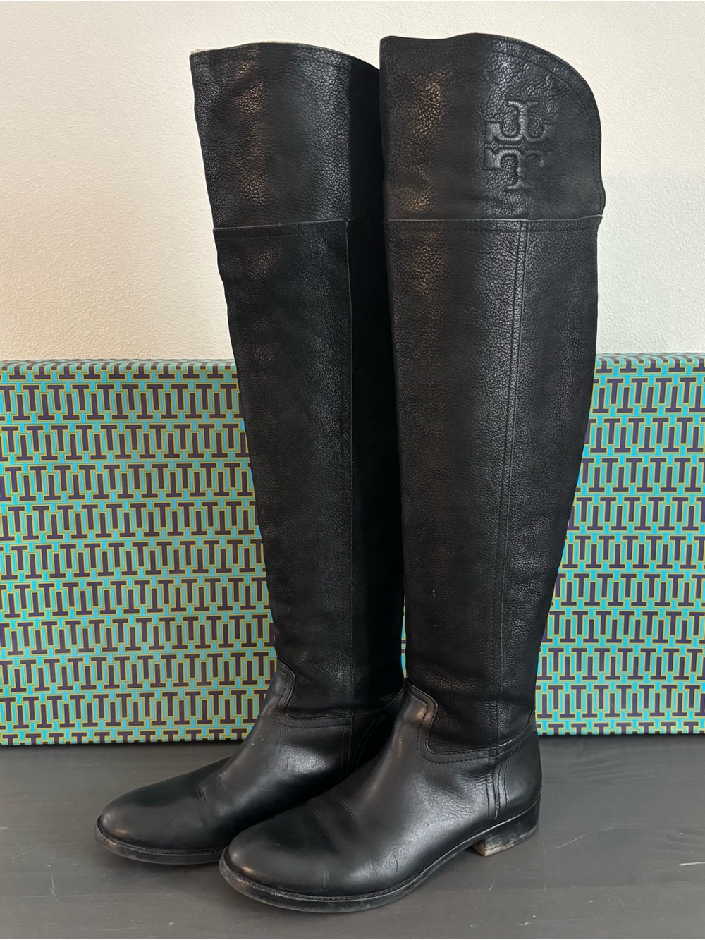 Tory Burch Black Leather Over-the-Knee Logo Cuff Boots